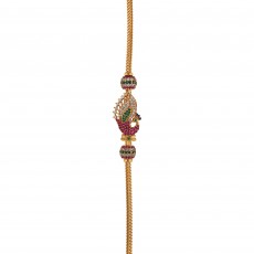 Sleek and Elegant Peacock Gold Mugappu Chain with White Purple Green Stones